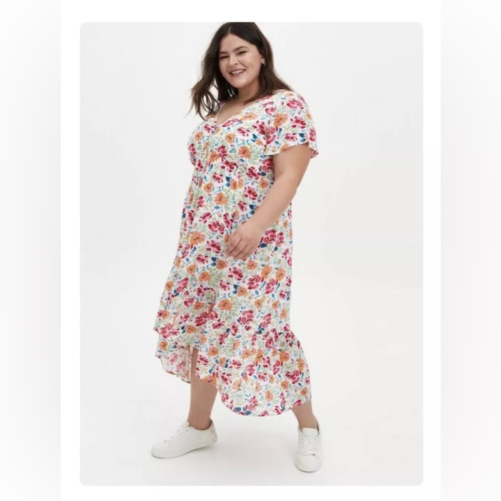 Torrid Floral Hi-low Flutter Sleeve Ivory Gauze Button Front Tea-Length Dress 3X - Picture 2 of 15